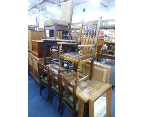 AN OAK BOBBIN TURNED ARMCHAIR, three dining chairs and another chair (5)