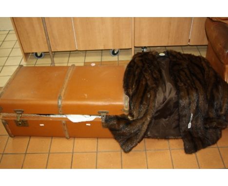 A FUR JACKET, wedding dress, a travelling trunk, two boxes records etc