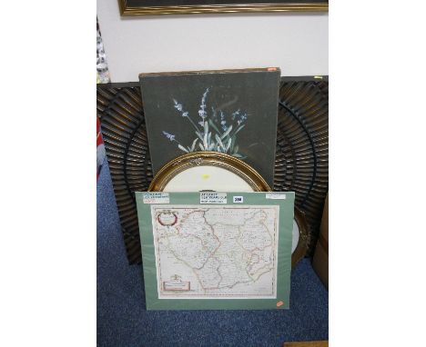 PICTURES AND PRINTS, to include Morden Leicestershire map, oval gilt framed portrait studies, modern art jug print and wall a