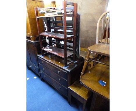 A PINE FOLDING DEALER RACK, oak sewing box, pine coat hooks and four vintage tennis rackets (7)