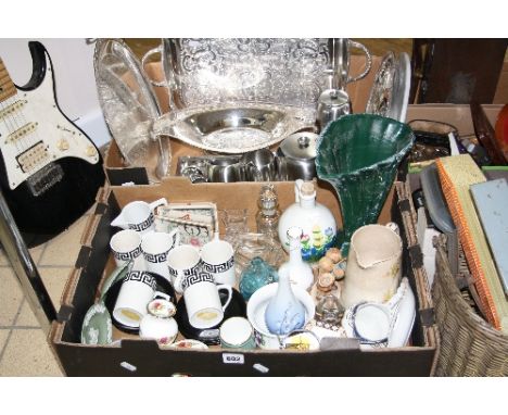 TWO BOXES OF CERAMICS, METALWARE, GLASS, etc, to include 'Old Hall' four piece tea service, Portmeirion, Caithness etc