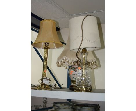 THREE VARIOUS TABLE LAMPS, to include cut glass, brass 'Column' shaped lamp, all with shades etc