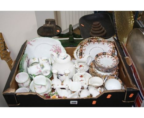 A BOX OF CERAMICS AND SET OF SCALES AND WEIGHTS