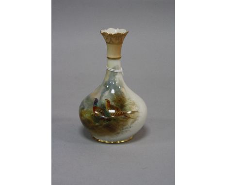 A ROYAL WORCESTER BUD VASE, decorated with a pair of Pheasants in landscape by J. Stinton, green backstamp, No.G702, height a