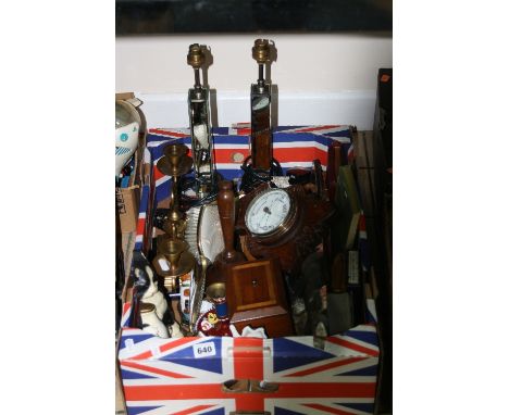 A BOX OF SUNDRIES, to include barometer, lamps, doorstops etc