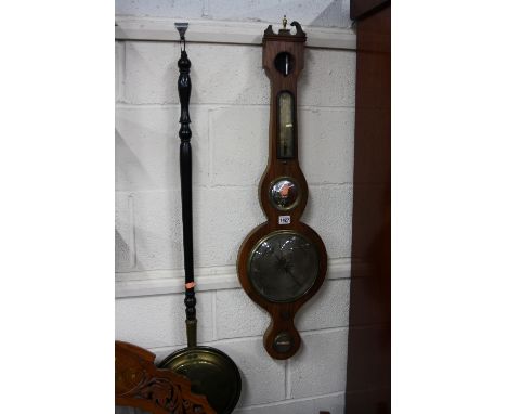 A 19TH CENTURY ROSEWOOD BAROMETER, and a copper and brass warming pan (sd) (2)