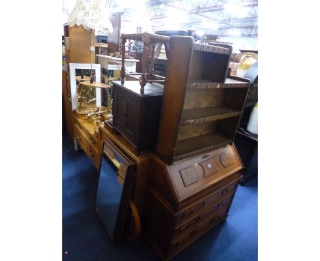 A MODERN OAK BUREAU, bookcase, commode, various ceiling and table lamps, etc