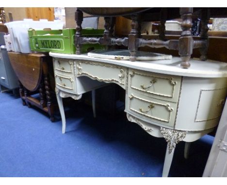 A CREAM AND GILT DRESSING TABLE, with seperate triple mirror and an oak barley twist gate leg table (2)