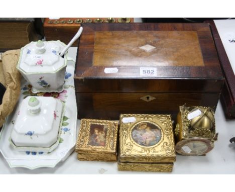 A RECTANGULAR MAHOGANY CROSSBANDED WORKBOX, having mother of pearl escutcheons, approximately 28cm x 17.5cm x 12cm high, toge