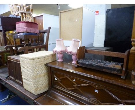  AN OAK ARMCHAIR COMMODE, a barley twist stool, bookstand, printing block, linen basket, etc (5)