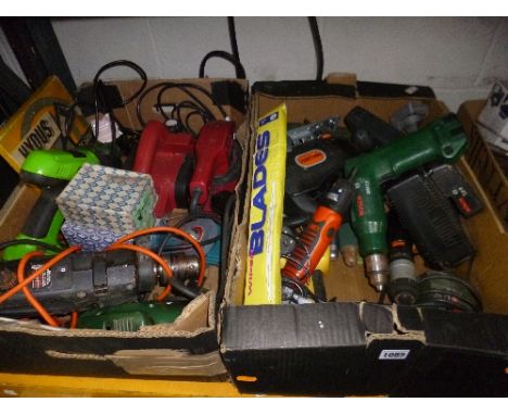 TWO BOXES OF ELECTRICAL HAND TOOLS, including drills, sanders, jigsaw, etc