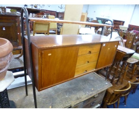 A TEAK SIDEBOARD, with raised shelf above and tubular metal end supports, approximate size width 126cm x depth 38cm x height 