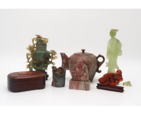 A CHINESE HARDSTONE ROCK CARVING&nbsp; With two ducks, 7cm high, buddha, 9.5cm high, a teapot, 12.5cm high, a hardwood box ,1