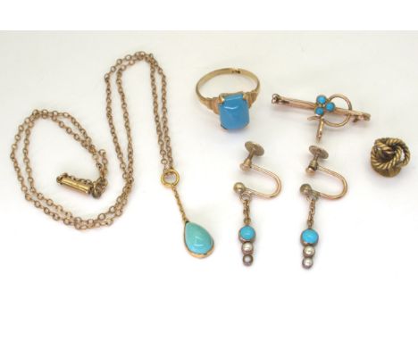 A COLLECTION OF TURQUOISE JEWELS to include a pair of 9ct gold turquoise and pearl earrings with screw back fittings, length 