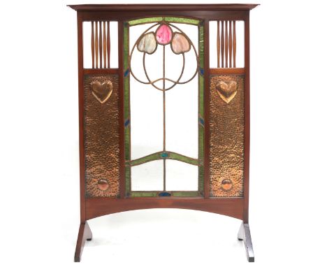 A MAHOGANY FRAMED SHAPLAND AND PETTER STYLE ARTS & CRAFTS FIRESCREEN  with corniced top over central stylised leaded stained 