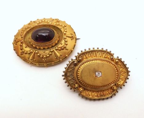 TWO VICTORIAN BROOCHES a yellow metal locket back brooch, in the Etruscan revival style, and set with a diamond, of estimated