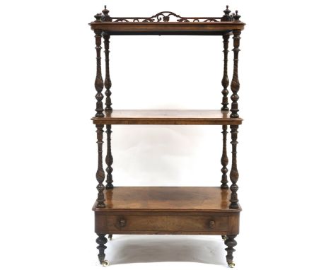 A VICTORIAN BURR WALNUT THREE TIER WHATNOT&nbsp; with pierced gallery top over two open tiers joined by turned spiral support