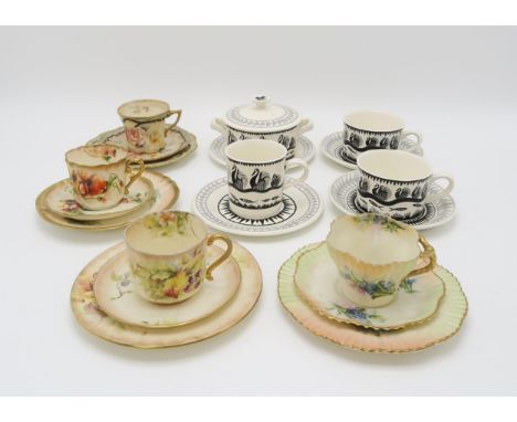 SCOTTIE WILSON (SCOTTISH 1891-1972) FOR ROYAL WORCESTER A pair of Crown Ware trios, a mug and a lidded pot, all decorated wit