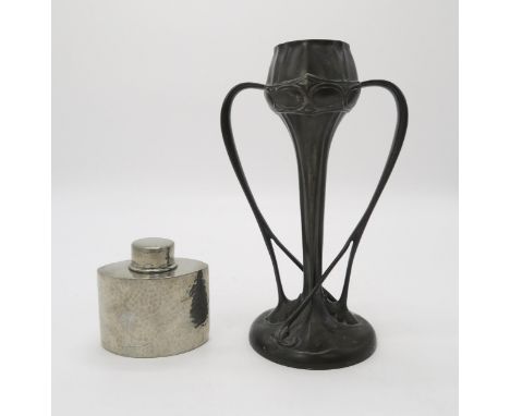 AN ARCHIBALD KNOX (1864-1933) FOR LIBERTY &amp; CO TUDRIC PEWTER TULIP VASE the bulbous body with twin sinuous handles and a 