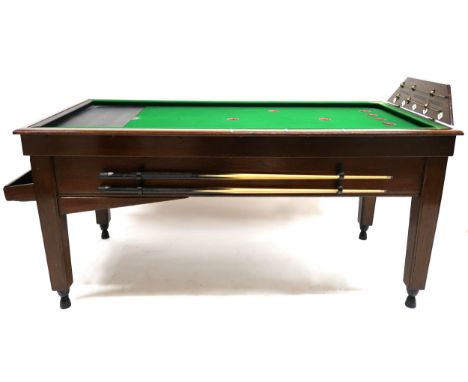 AN EARLY 20TH CENTURY OAK COIN OPERATED BAR BILLIARDS TABLE  with hinged integrated scoreboard over green baize play surface 