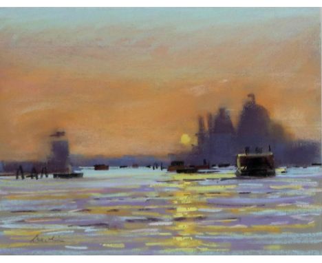 GEORGE DEVLIN RSW (SCOTTISH 1937-2014) VENICE LIDO, FERRY AT SUNSET Pastel, signed lower left, 22.5 x 29.5cm (9 x 11.5") Cond