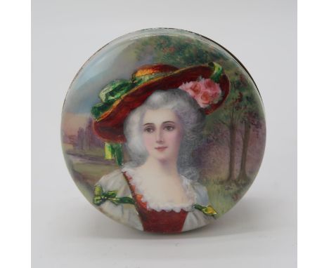A FOILED ENAMEL BOX AND COVER of circular form, painted with a maiden in a landscape, signed Carlo to lid, 8cm diameter Condi