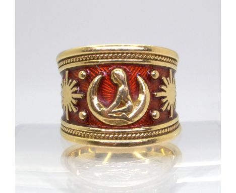 AN ELIZABETH GAGE RING the 18ct gold wide band ring, 'Virgo' from the Zodiac range, is enamelled in red and studded with symb