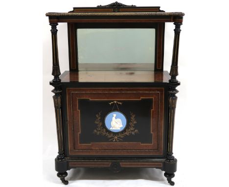 A VICTORIAN BURR WALNUT VENEERED EBONISED MUSIC CABINET&nbsp; with shaped top with brass mounted edges over open shelf with m