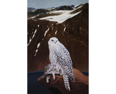 PETER GOODFELLOW (BRITISH 1950-2022) GYR FALCON Oil on gesso panel, 99 x 65cm (39 x 25.5") Condition Report:Presents in good 