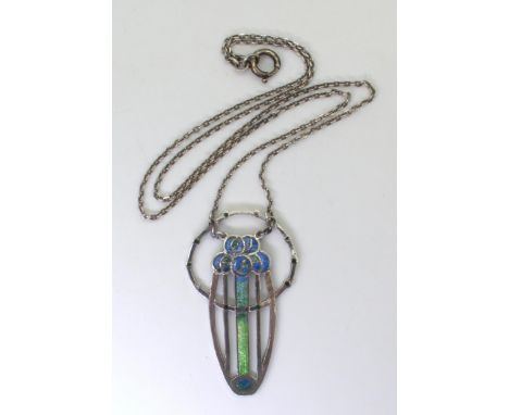 A GLASGOW GIRLS PENDANT in white metal and champlevé enamelled with Mackintosh style roses in blues and greens, the pendant s