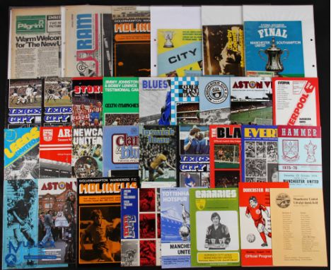 1975/76 Manchester Utd Div. 1 away match programmes (21), plus Leicester City (FAC), Wolves (FAC + match report), Manchester 