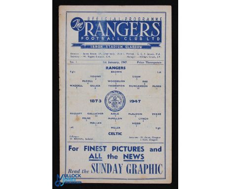Scarce Rangers 1st ever programme; 1946/47 Rangers v Celtic, Div. 'A' match programme No. 1 dated 1st January 1947; fair/good