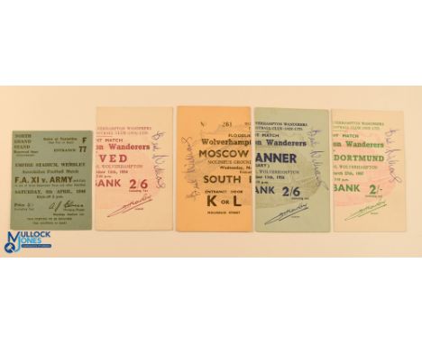 Five tickets - 6/4/1946 FA XI v Army, and four Wolverhampton Wanderers v Foreign opposition signed by Bert Williams - 1954 Ho