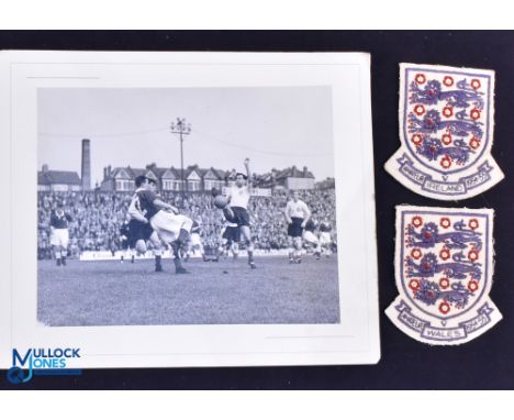 Derek Lewin b&amp;w action photograph playing for England (possibly at Dulwich Hamlet) plus 3 lions England shirt badges for 
