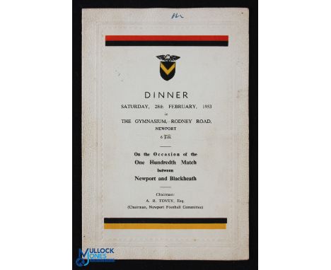 1953 100th Blackheath v Newport Game Signed Rugby Menu: Familiar &amp; famous clash, marked by c.30 autographs.