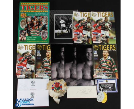England/Leicester Tigers Signed Rugby Photographs, Programmes, Tickets, very worn England period rosette, and to include a Bi