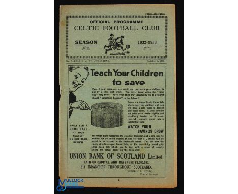 Pre-War 1932/1933 Celtic v St. Johnstone Scottish Div. 1 match programme 8 October 1932; good for year, no writing. (1)