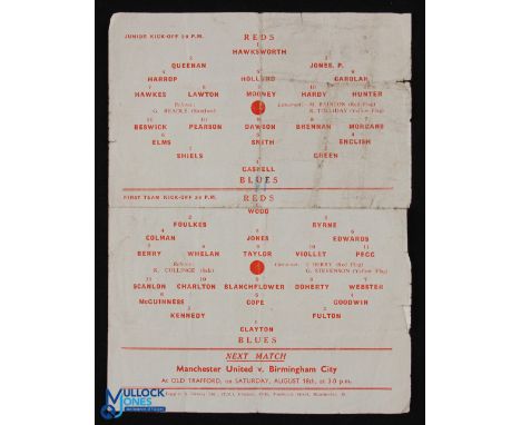 1956/57 Manchester Utd public trial match 11 August 1956 single sheet, first team had Duncan Edwards, Roger Byrne, Bill Foulk