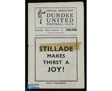 1948/49 Dundee Utd v Celtic Scottish Cup 1st round 22 January 1949; selotape strips to folds, poor/fair. (1)