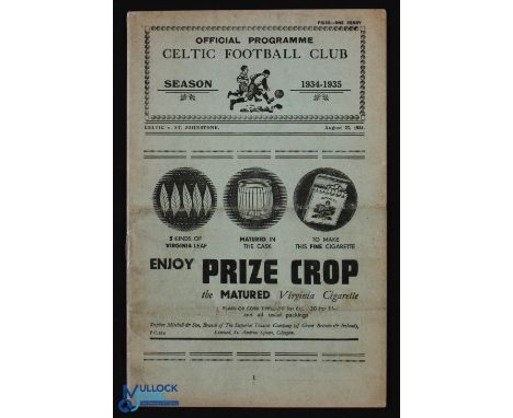 Pre-War 1934/1935 Celtic v St. Johnstone Div. 1 match programme 25 August 1934; fair/good. (1)