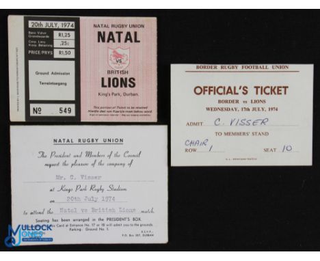 1974 British Lions in South Africa Rugby Tickets (3): Natal match issue, &amp; official's invites to that &amp; the Border ga