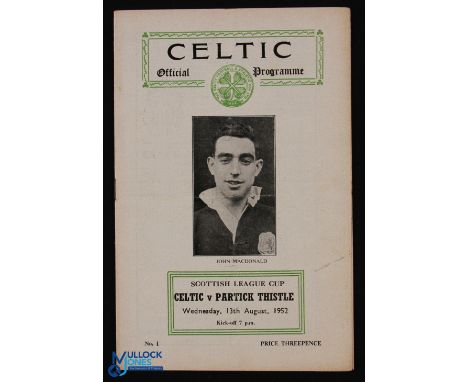1952/53 Celtic v Partick Thistle match programme Scottish League Cup 13 August 1952; fair/good. (1)