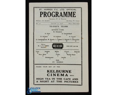 1947/48 St. Mirren v Queens Park Div. 'A' match programme 31 January 1948; good. NB: Ronnie Simpson (later Newcastle Utd &amp