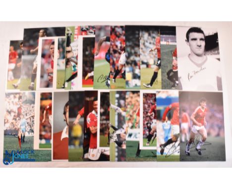 Twenty-four Manchester United Football Club hand signed photographs including Bill Foulkes, Willie Morgan, Denis Law, Pat Cre