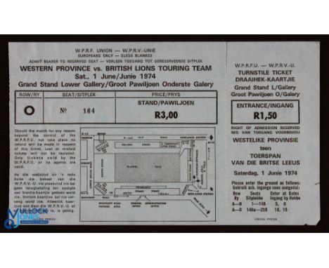 1974 British Lions in South Africa Rugby Ticket: Lovely Large blue full grandstand ticket, maybe unused, for the Western Prov