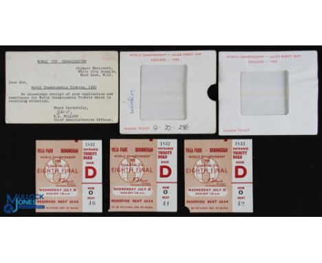 TICKETS: 1966 World Cup West Germany v Spain seat tickets 20 July 1966 at Villa Park x 3 no. (1 has tiny corner tear) plus po