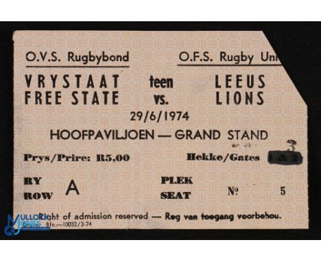 1974 British Lions in South Africa Rugby Ticket: From the Orange Free State match. Clipped, slight residue (not visible from 