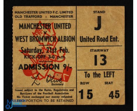 1969/70 POSTPONED match ticket Manchester Utd v WBA 21 February 1970, Stand J United Road entrance seat ticket; slight crease