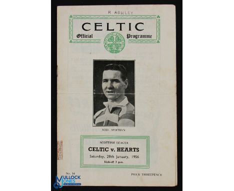 1955/56 Celtic v Hearts Scottish League Div. 'A' match programme 28 January 1956; small selotape strip, fair. (1)