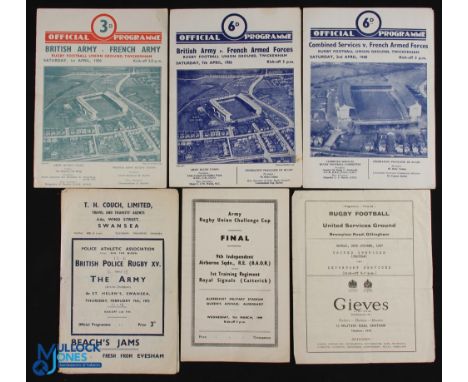 1949-60 Services Rugby Programmes (6): British Army v French Army, inc caps and Lions, 1950, 1956 &amp; 1960; British Police 